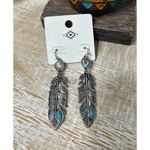 Boho Faux Turquoise Feather Drop Earrings Dangle Gemstone Tribal Southwestern